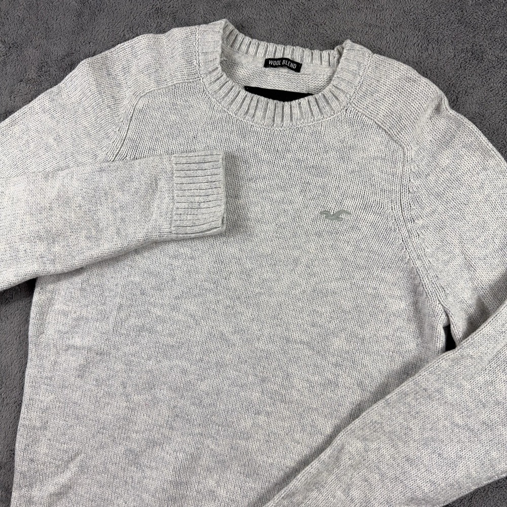 Hollister Sweater Mens Medium Gray Wool Blend Crewneck Logo Knit Pullover